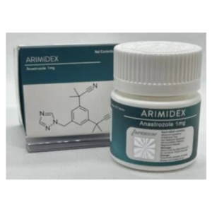 Arimidex Tablets Online (1mg x 50 tablets) and box on table.