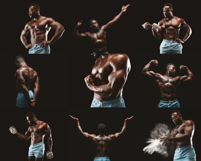 YK-11 Tablets (5mg x 60 tablets): A muscular athlete performs various poses, demonstrating strength and athleticism in a dark studio. The focus is on his physique and movement, highlighting his dedication to fitness.