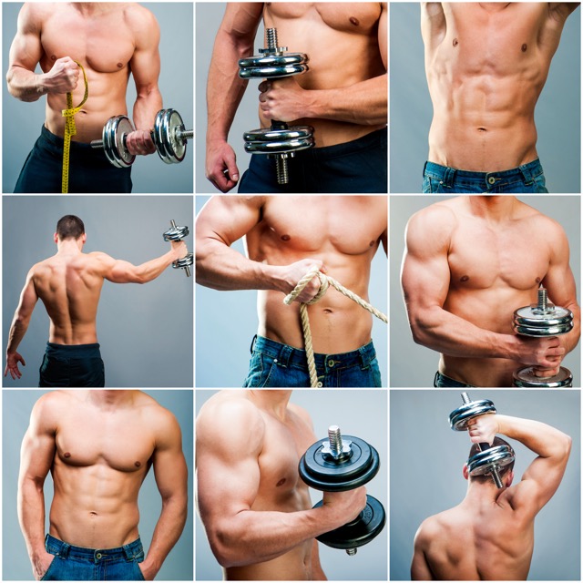 LGD-4033 Tablets:Set images of muscular man with dumbbells on a gray background