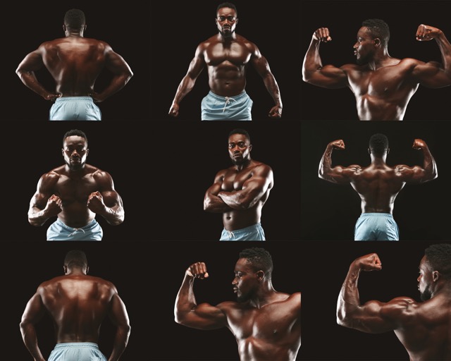 Ostarine MK-2866: A muscular African American athlete confidently poses in various stances, highlighting strength and physique in a well-lit indoor studio setting. The focus emphasizes definition and form.